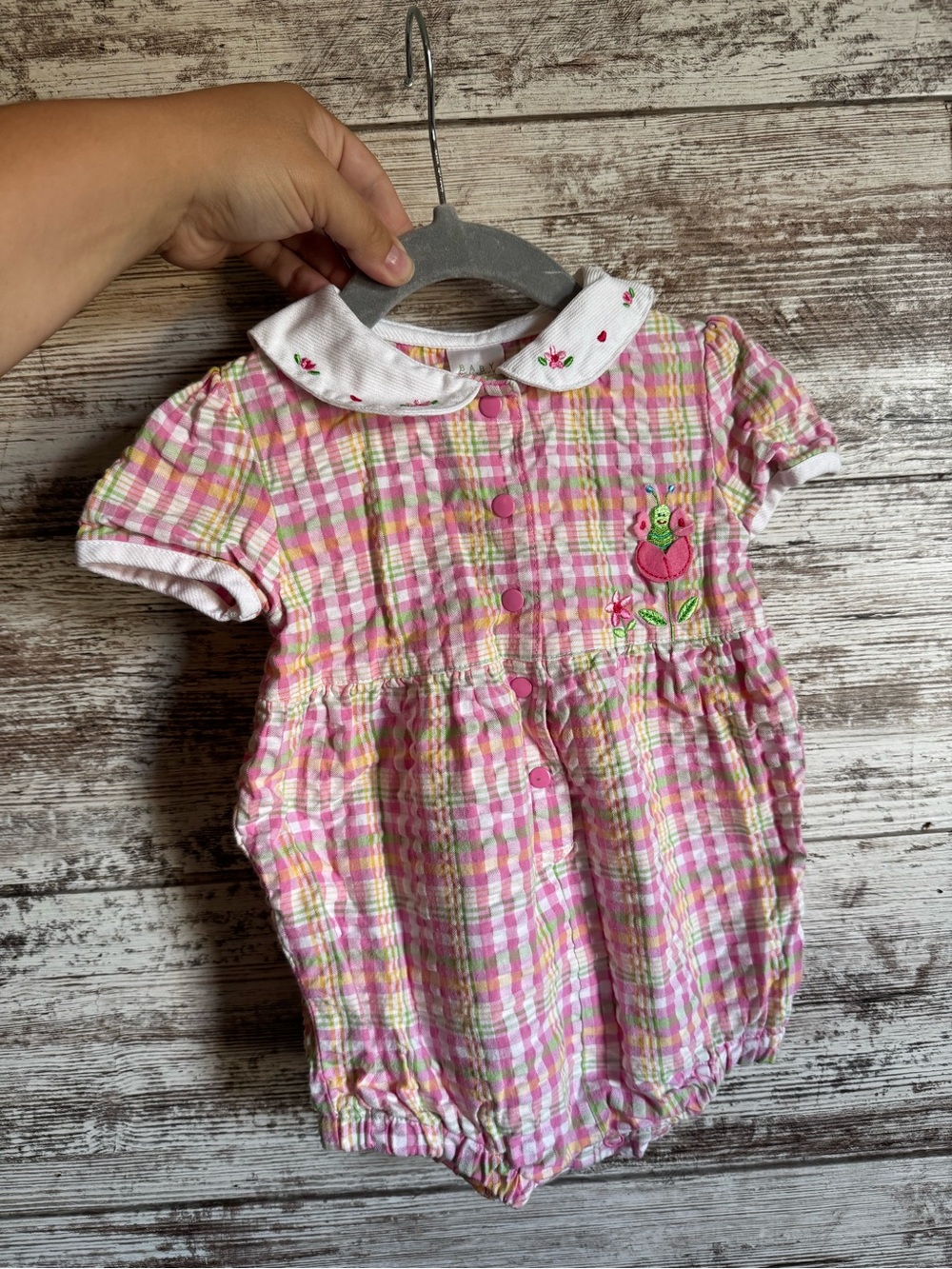 Vintage Pink Plaid Baby Girl Romper with Embroidered Flower